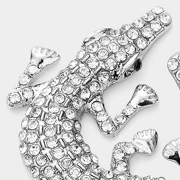 Silver Alligator Crocodile Earrings Crystal Style Statement Fashion Jewelry - Picture 2 of 2